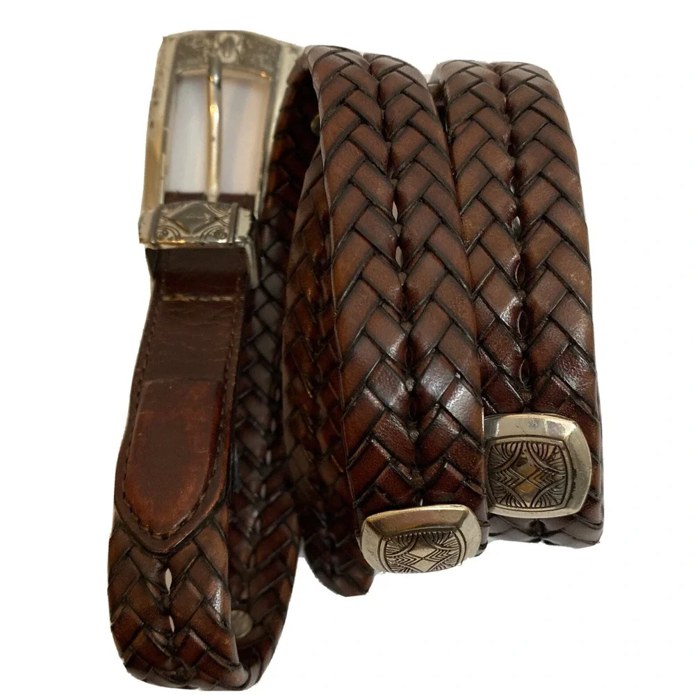 Brighton Brown Braided Leather Belt Q2108 with Silver Buckle and Details Size L